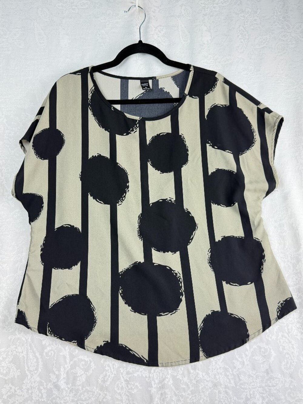 Emery Rose Women's XL Black Beige Abstract Dot Stripe Short Sleeve Blouse Top Mo